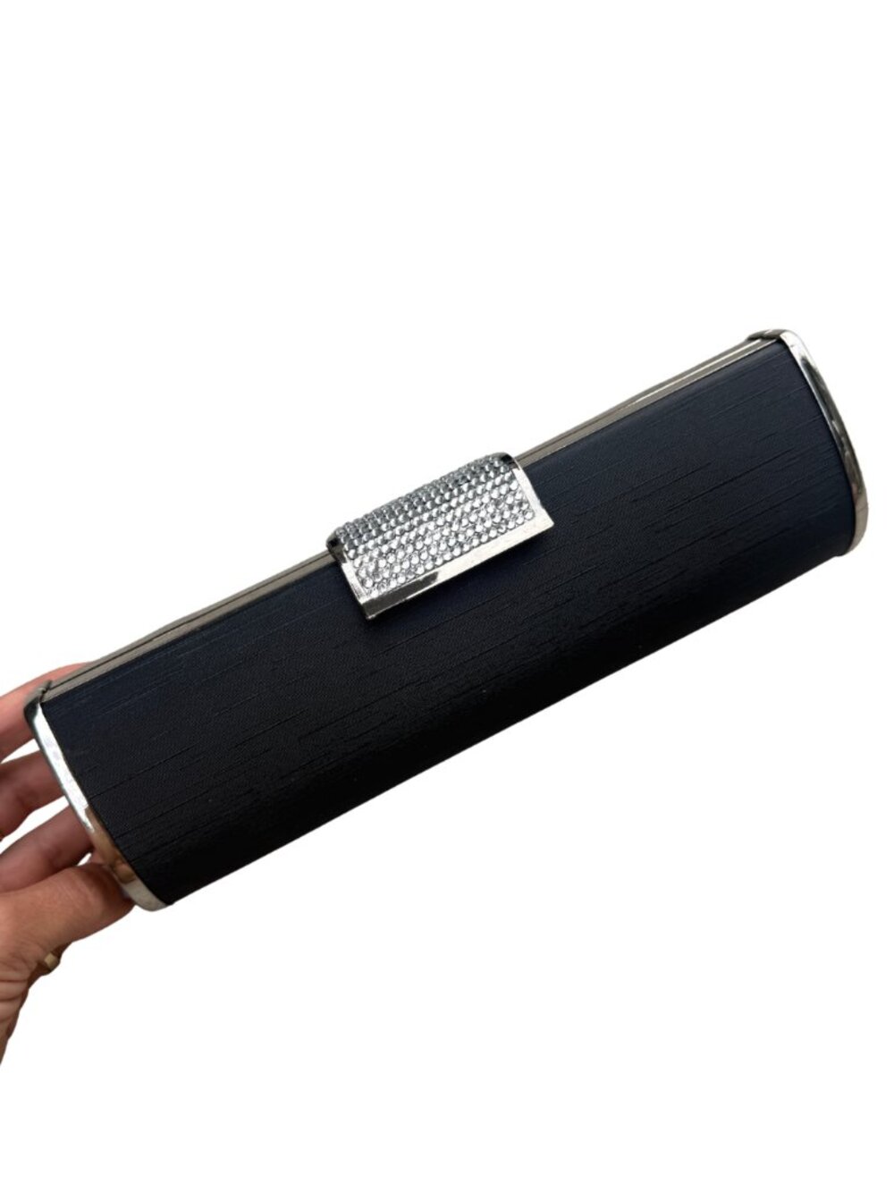 Black Satin Hard-Shell Evening Clutch with Rhinestone Clasp & Chain